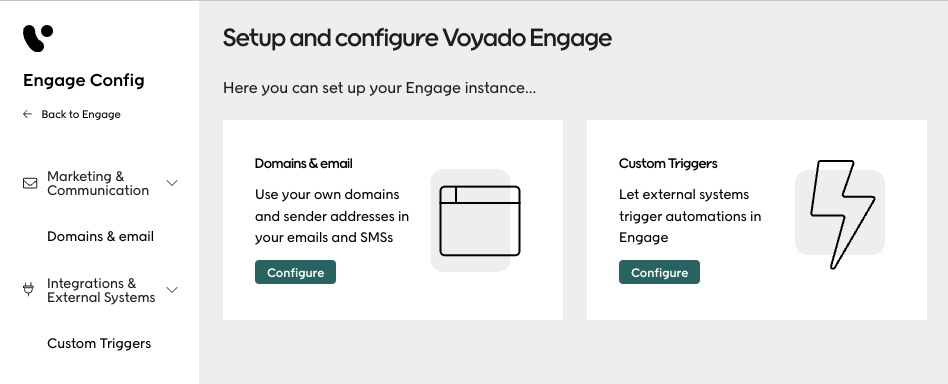 Screenshot of Domains and email landing page in Engage Config
