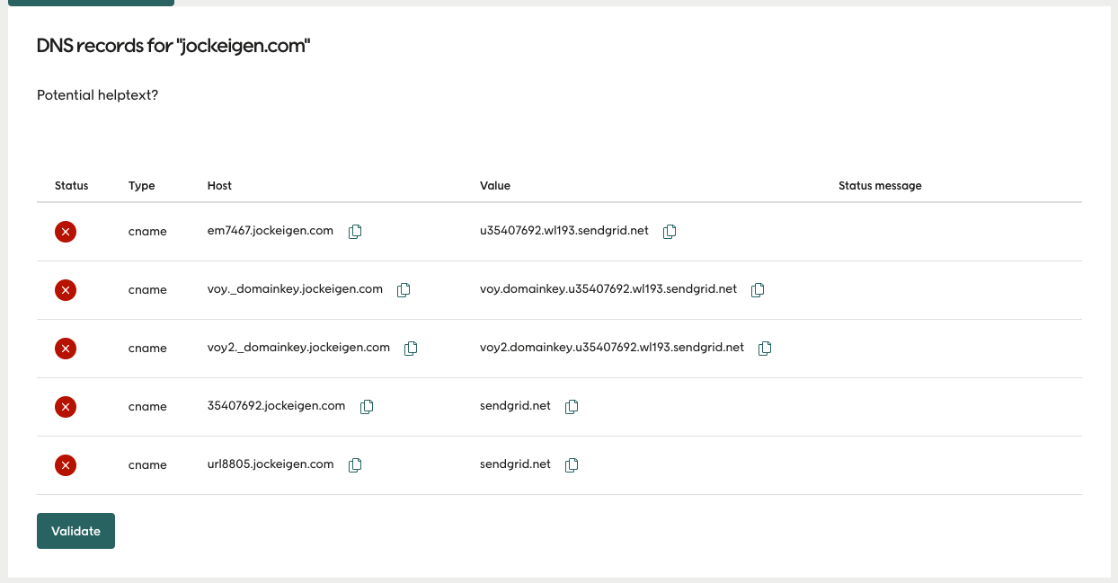 Screenshot of DNS records view with validate button