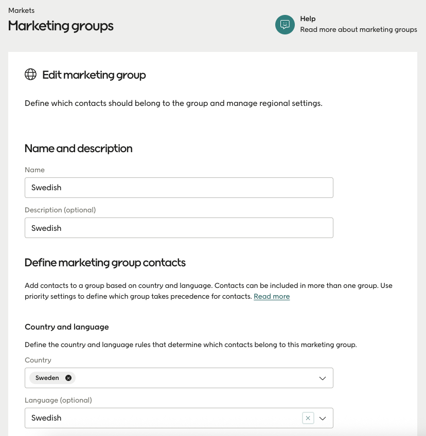 Edit marketing groups dialog