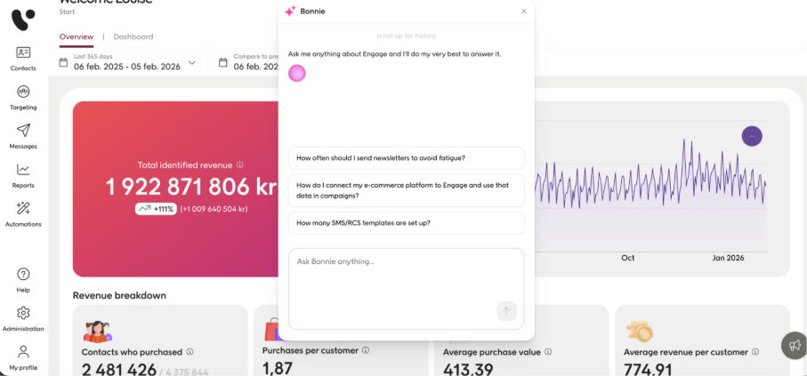 Screenshot of Voyado Engage with the Bonnie chat window open