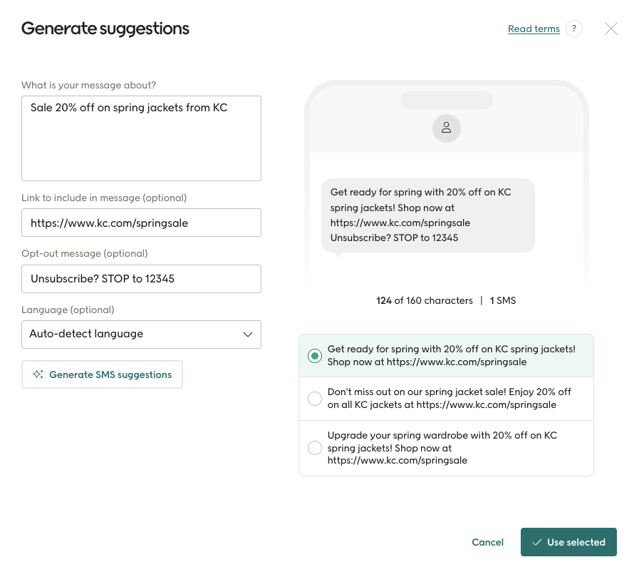 Generate suggestions view