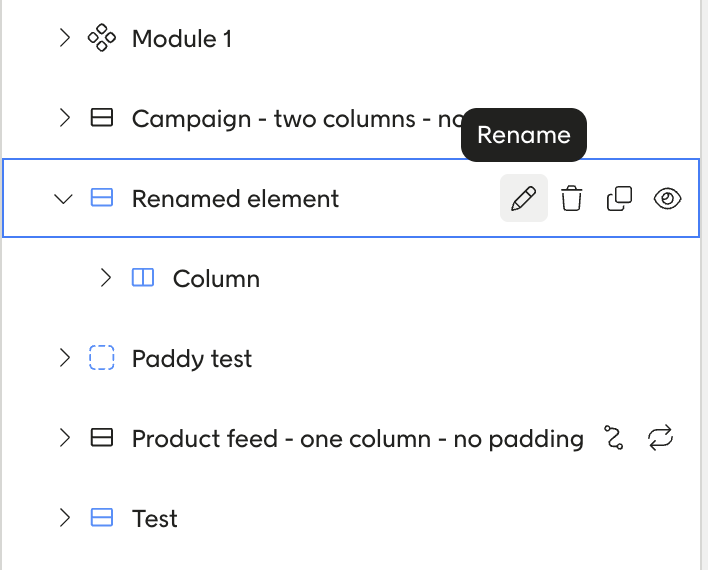 Overview panel showing the Rename function with a pen icon next to a module element