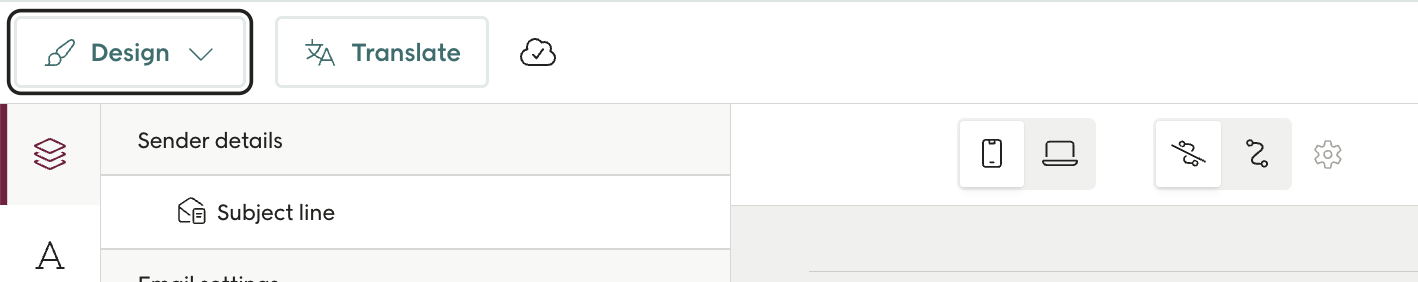Screenshot showing the Design tab for translations in Engage