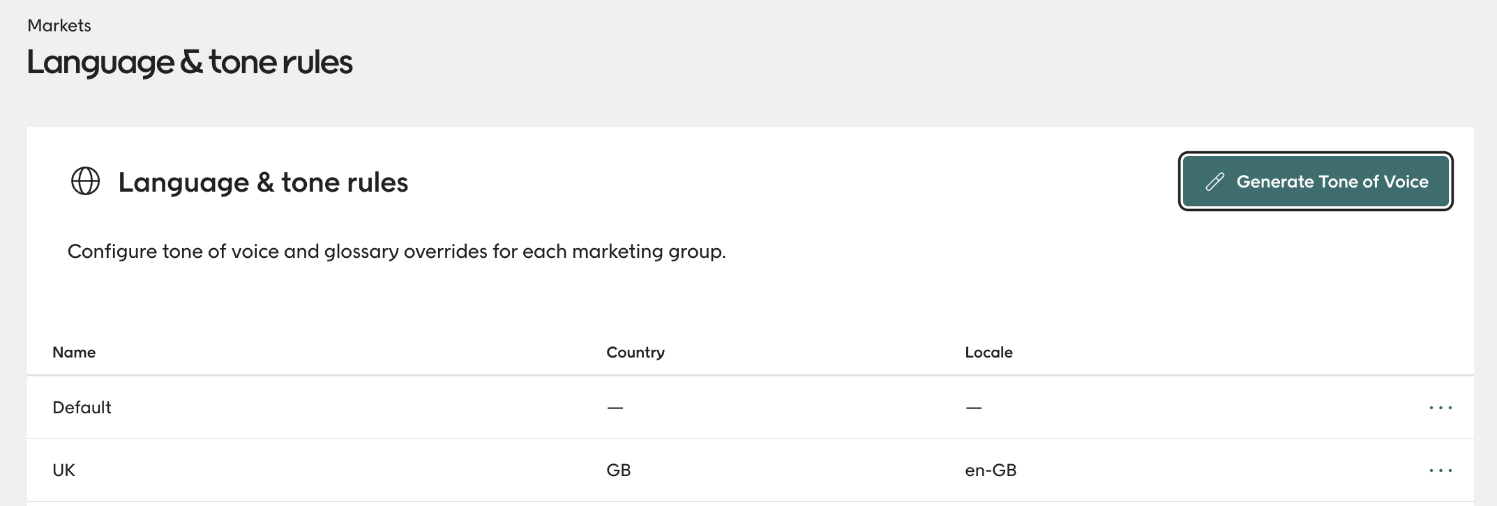 Screenshot showing the language and tone rules view for markets in Engage