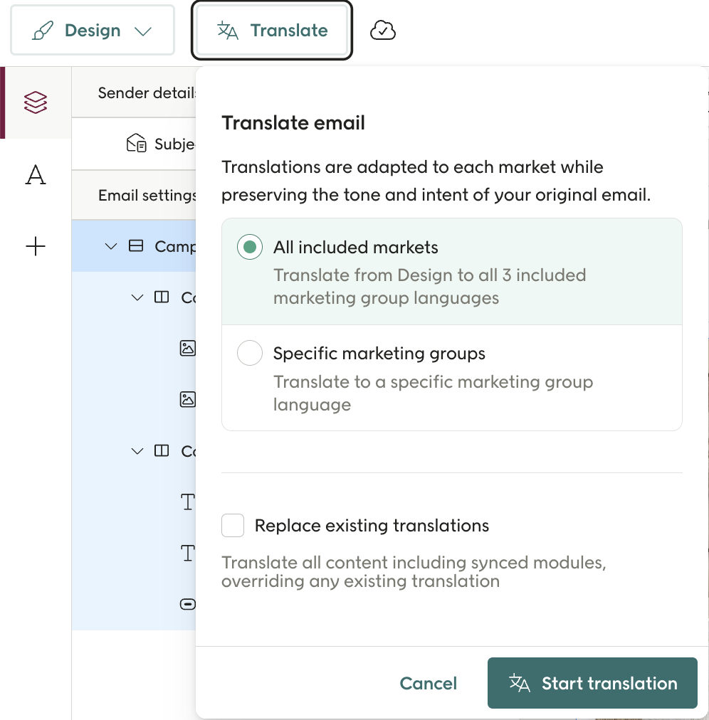 Screenshot showing the Translate tab for campaigns in Engage