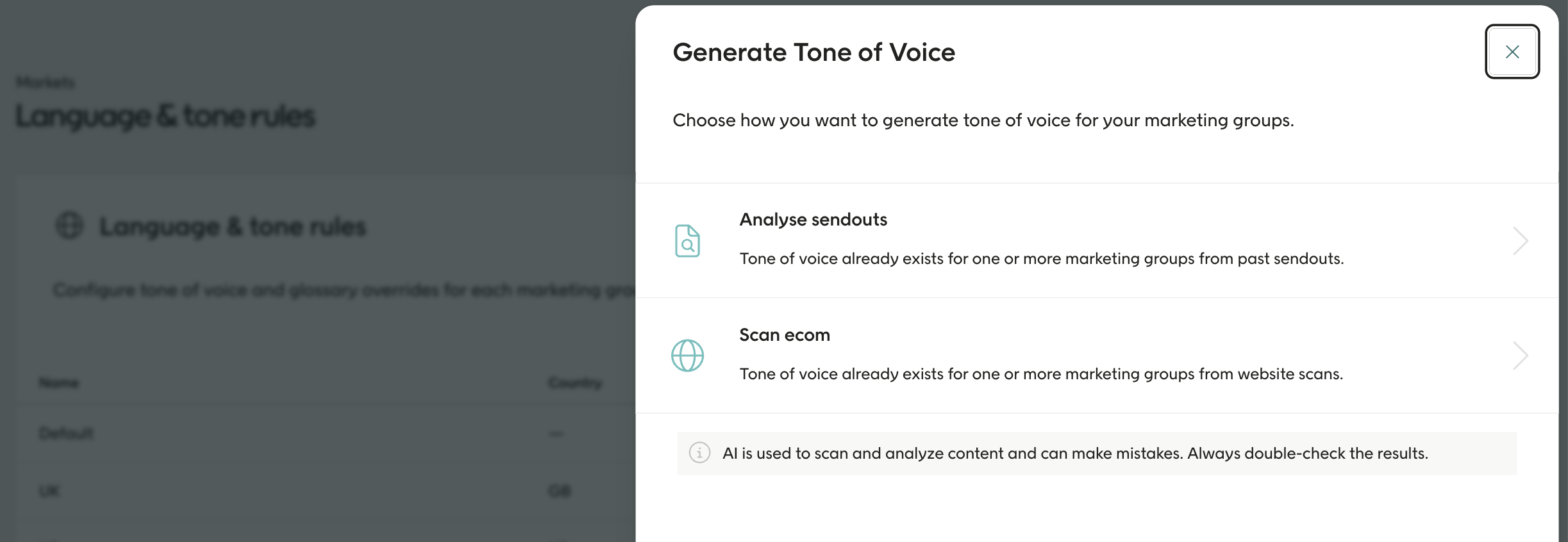 Screenshot showing the option to generate tone of voice rules based on an analysis of sendouts