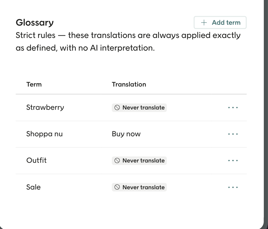 Screenshot showing the glossary window for overriding AI translation