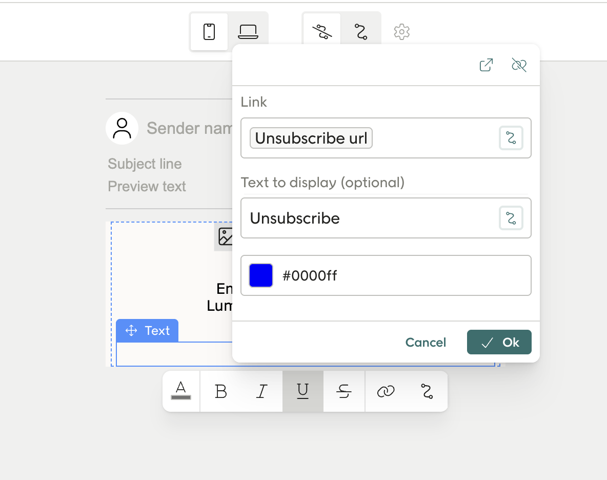 Screenshot showing the personalized field to use with the unsubscribe link