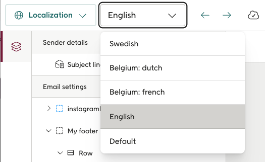 Module settings panel without the globe icon, indicating no localization exists for the selected marketing group
