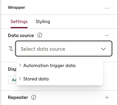 Data source selection panel in Design Studio showing sources grouped by category