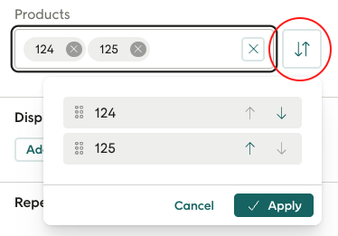 Data source input values panel showing button for manually reordering entries