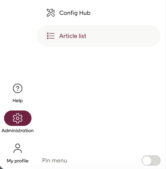 Screenshot showing Article list in the Administration menu
