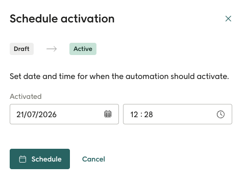 Schedule activation panel with date and time fields