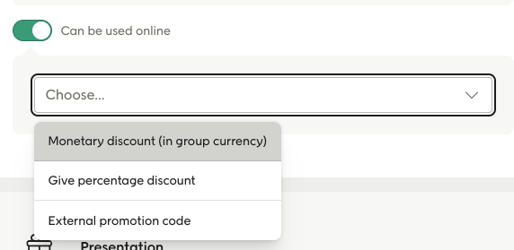 Screenshot of online options with options for codes and discounts expanded