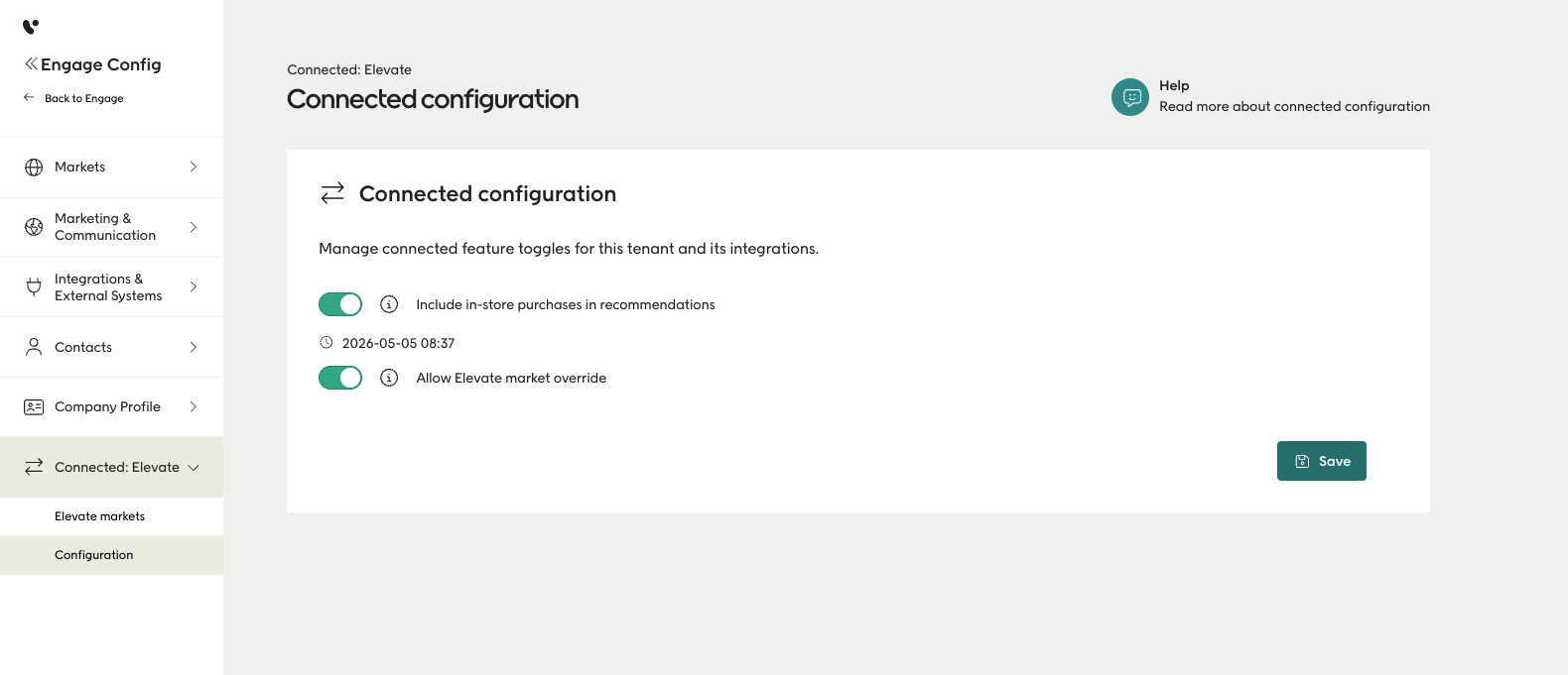 Screenshot of Connected configuration dialog in ConfigHub in Voyado Engage