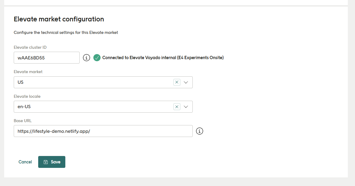 Screenshot of the Elevate market configuration dialog in Engage