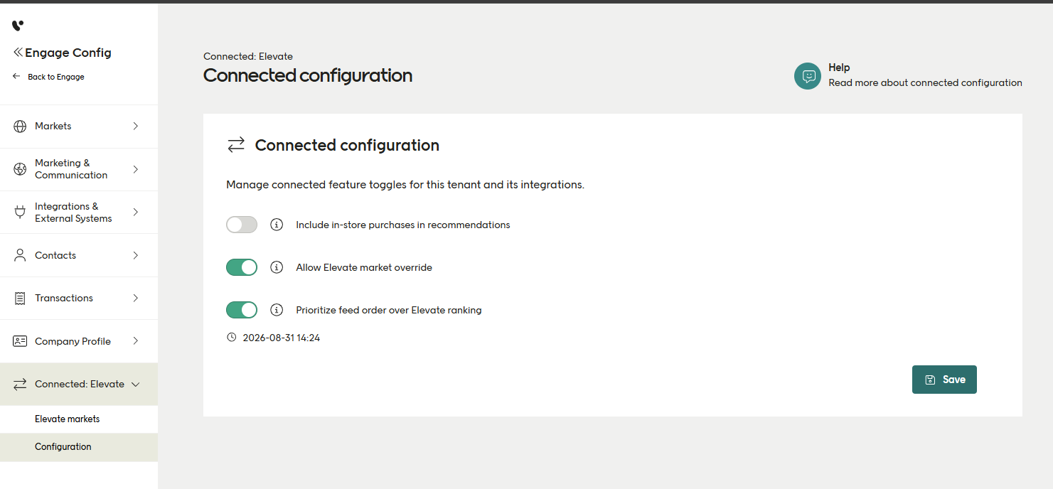 Screenshot of the Connected configuration dialog in Engage ConfigHub