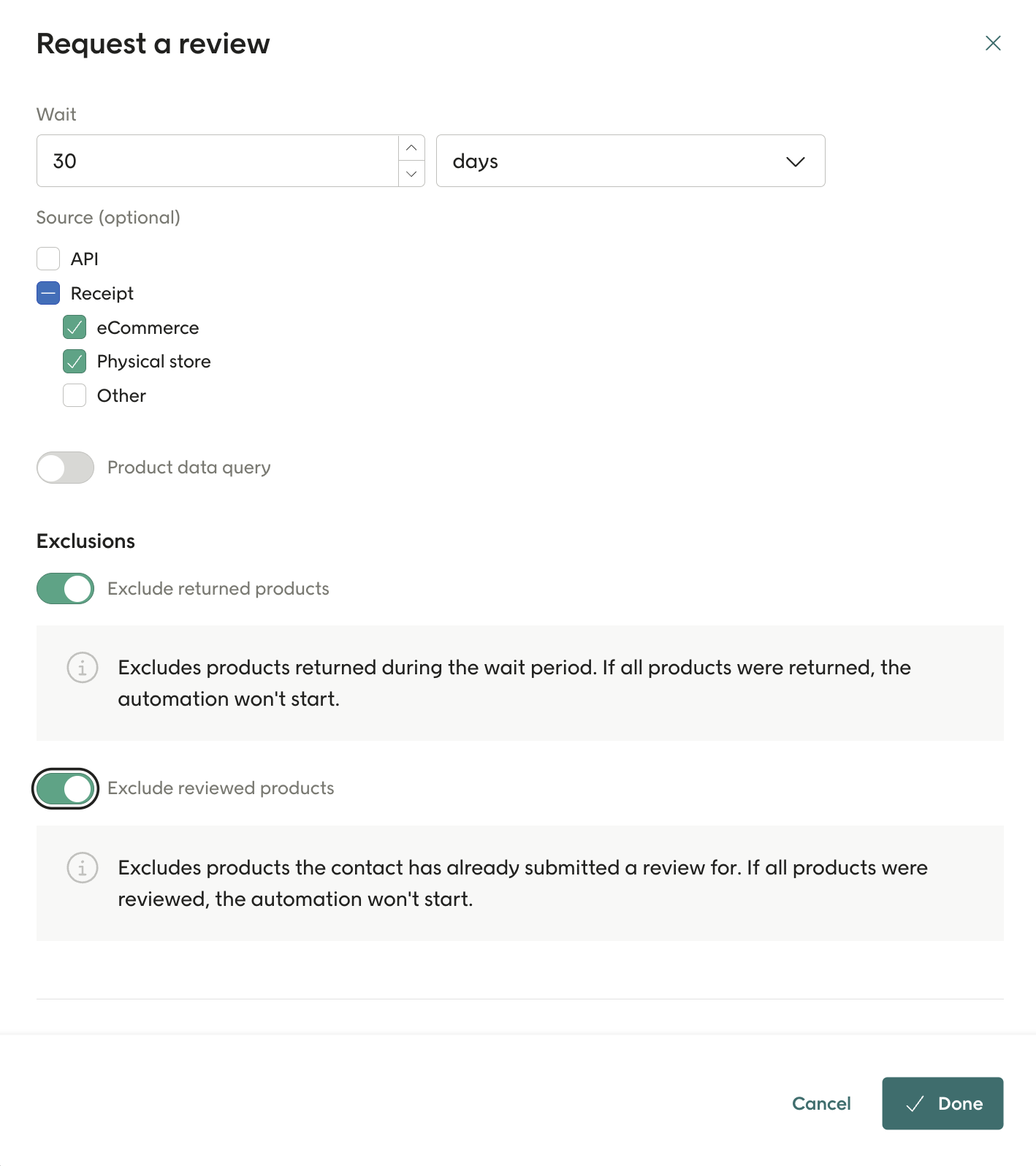 Request a review trigger settings in Voyado Engage