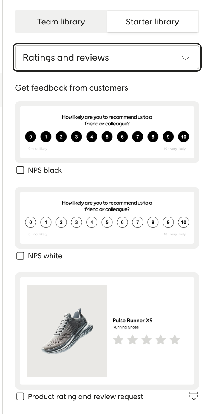 The Ratings and reviews module in Design Studio in Voyado Engage