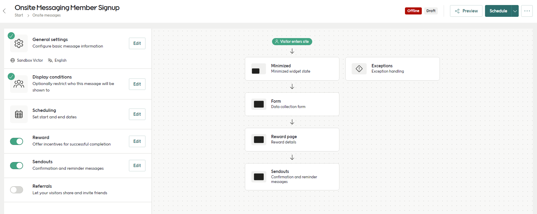 Flow builder canvas showing connected message screens