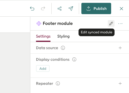 Screenshot showing the edit synced module icon in the right hand panel of the design studio