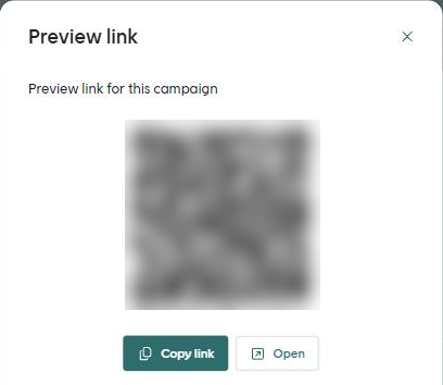The Preview link panel with a QR code and the Copy link and Open buttons