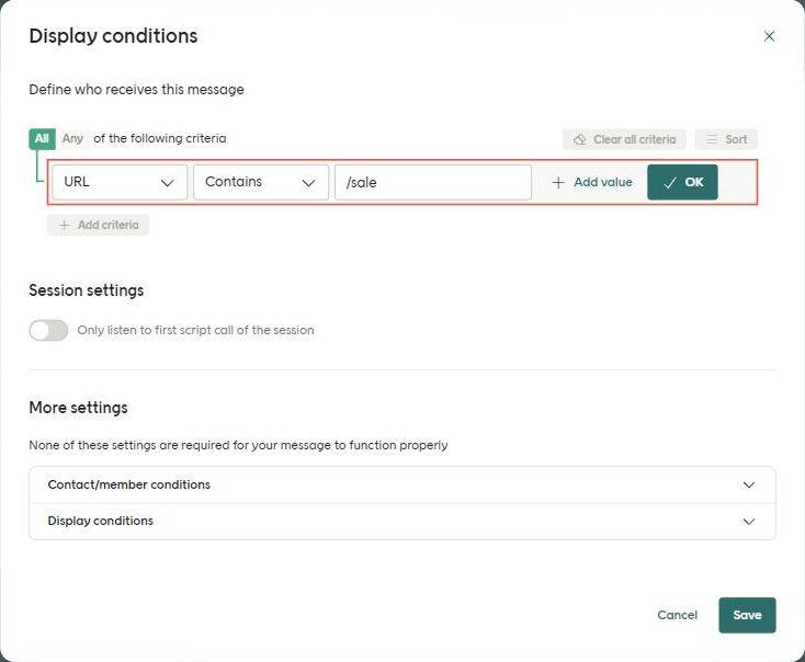 The Display conditions dialog with a URL criterion that contains /sale