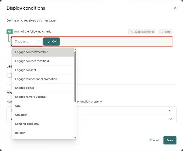 The list of criteria you can choose from in Display conditions