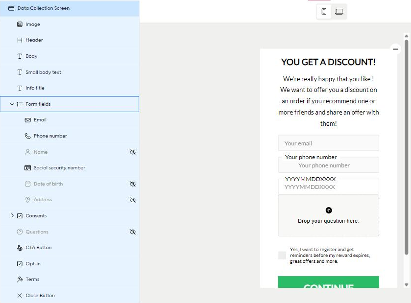 Form fields expanded in a member signup, with Email, Phone number, and Social security number shown and the other fields hidden
