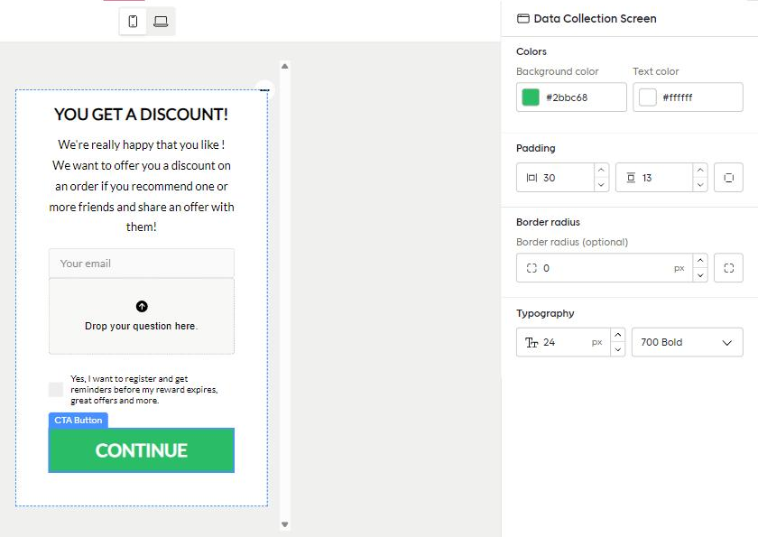 The CTA Button selected in the preview, with its colors, padding, border radius, and typography in the right panel
