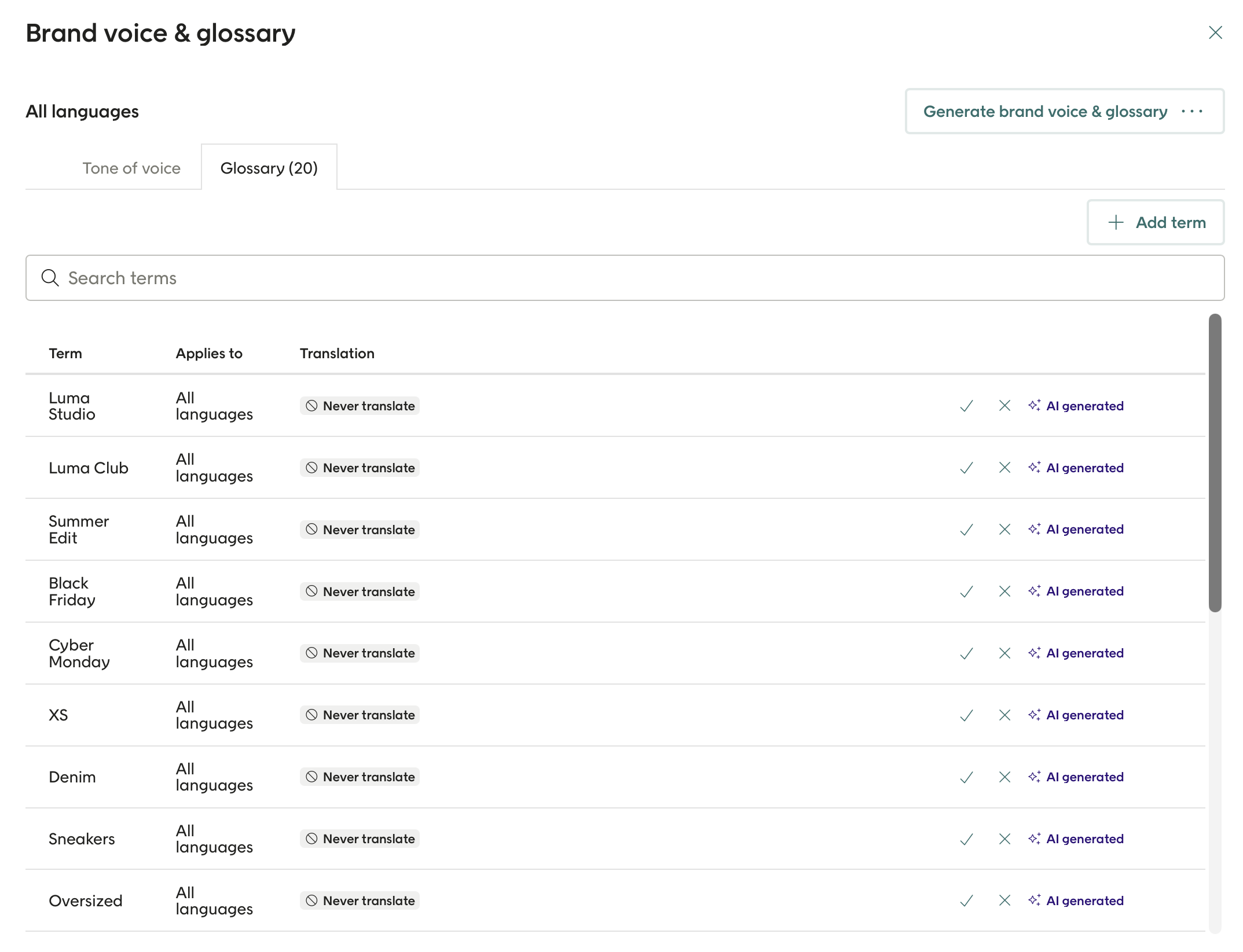 Screenshot showing brand voice & glossary dialog for use with Bonnie AI translation