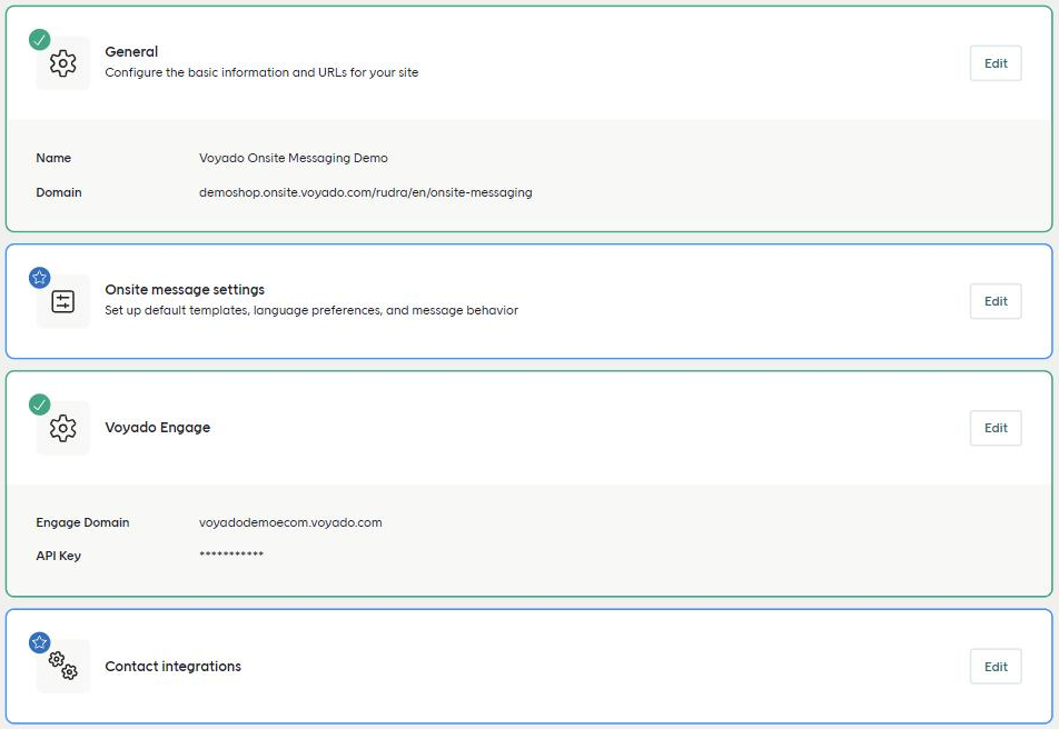 A site's settings page with the General, Onsite message settings, Voyado Engage, and Contact integrations sections