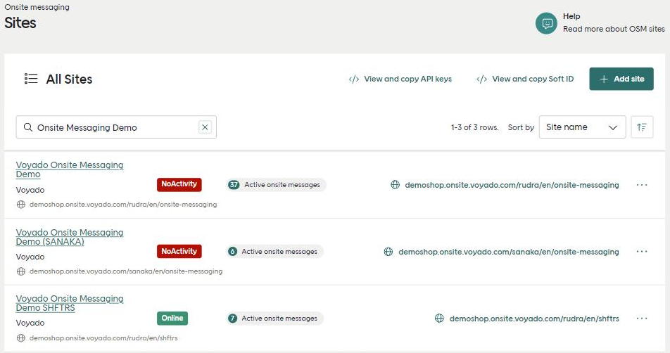 The list of sites in Config Hub, with View and copy API keys, View and copy Soft ID, and Add site at the top