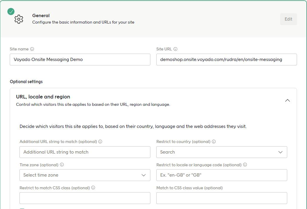 The General section in edit mode, with Site name, Site URL, and the URL, locale and region settings expanded