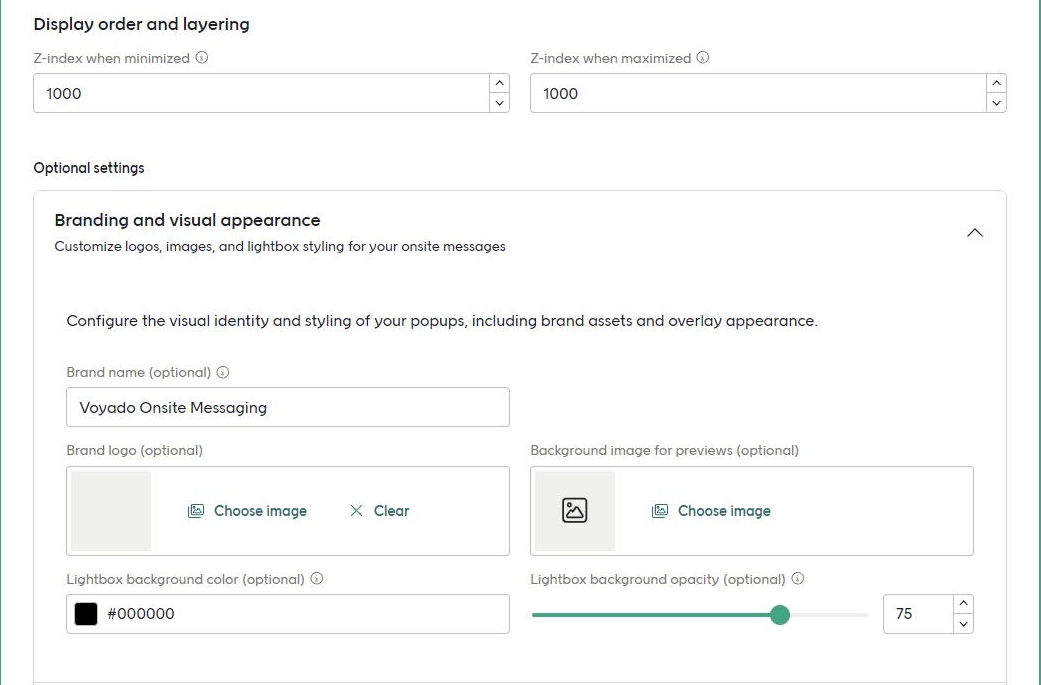 The Onsite message settings section in edit mode, with Display order and layering and the Branding and visual appearance settings expanded