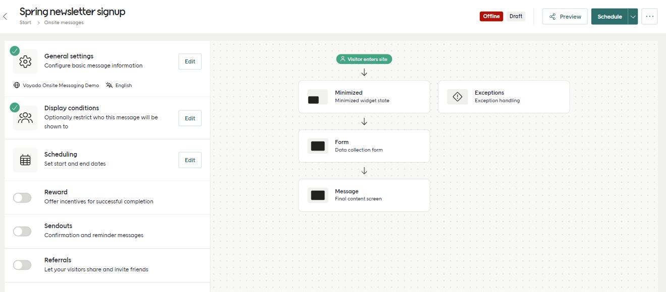 The onsite message editor, with the settings panel on the left and the Minimized, Form, and Message steps of the flow on the right