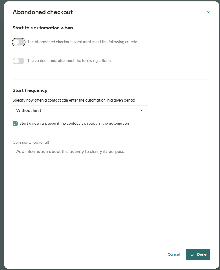 The New automation screen with the Abandoned checkout trigger selected as the starting point of the automation.