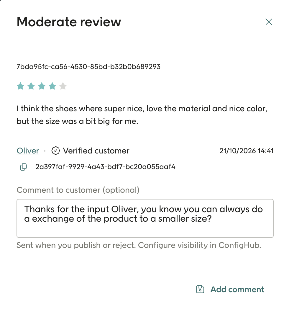 Moderation dashboard with a review open and the comment field ready to write in